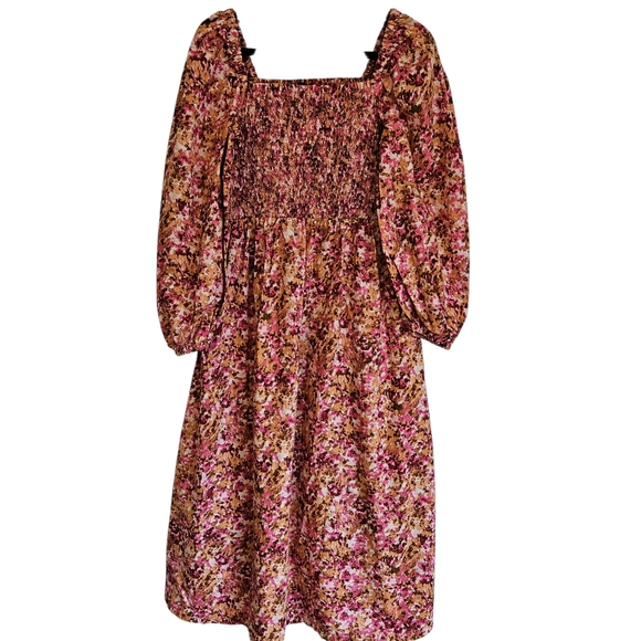 J Crew smocked puff sleeve midi faded floral dress pink brown, S - Picture 3 of 16